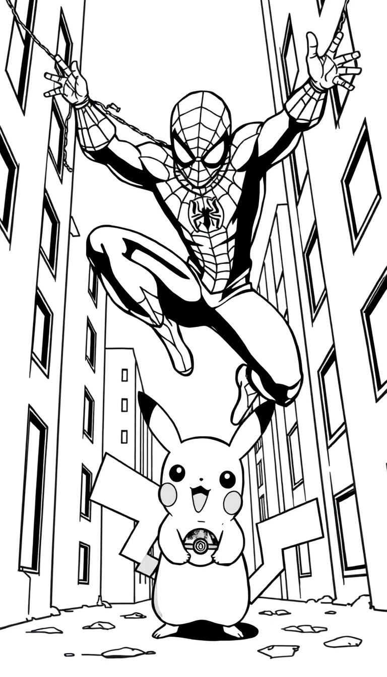 Kleurplaat van een spinachtige superheld en een muisachtig personage in een stad vol actie.