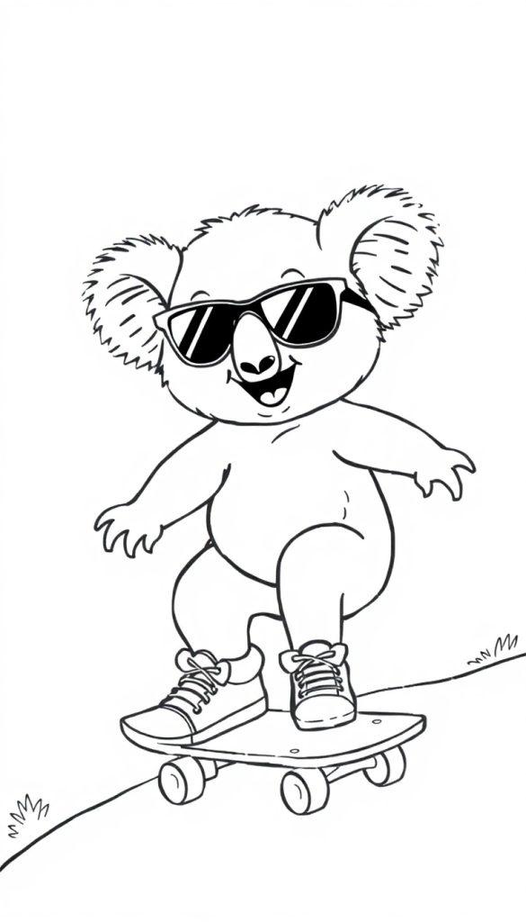 Kleurplaat van een koala met een zonnebril, sportschoenen en een skateboard