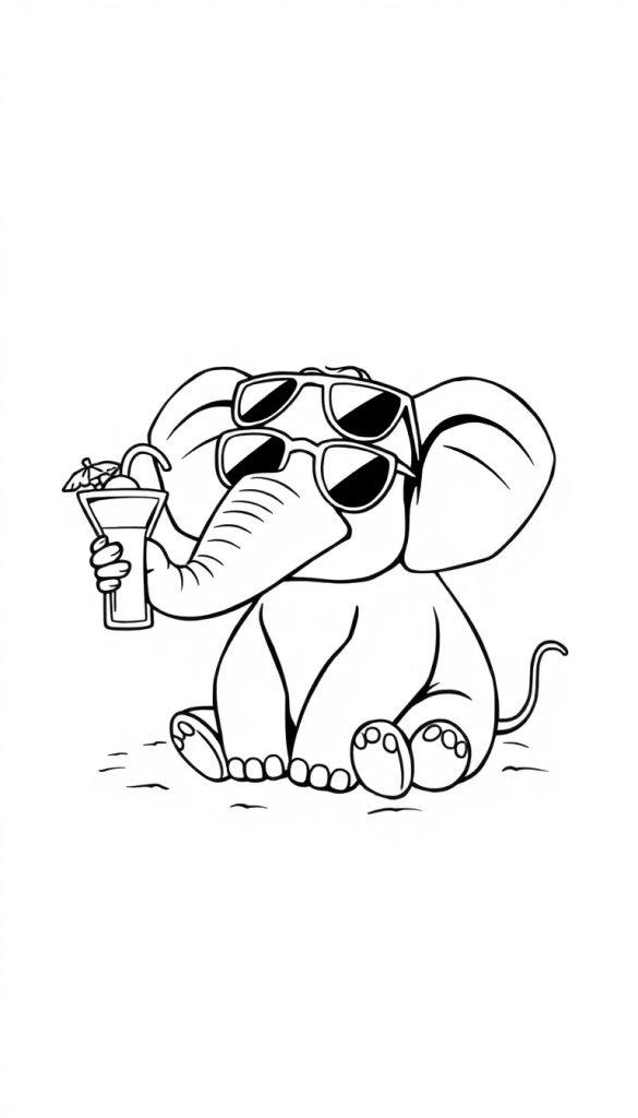 Schattige cartoon olifant als kleurplaat, die aan het zonnebaden is en een zonnedrankje vasthoudt.
