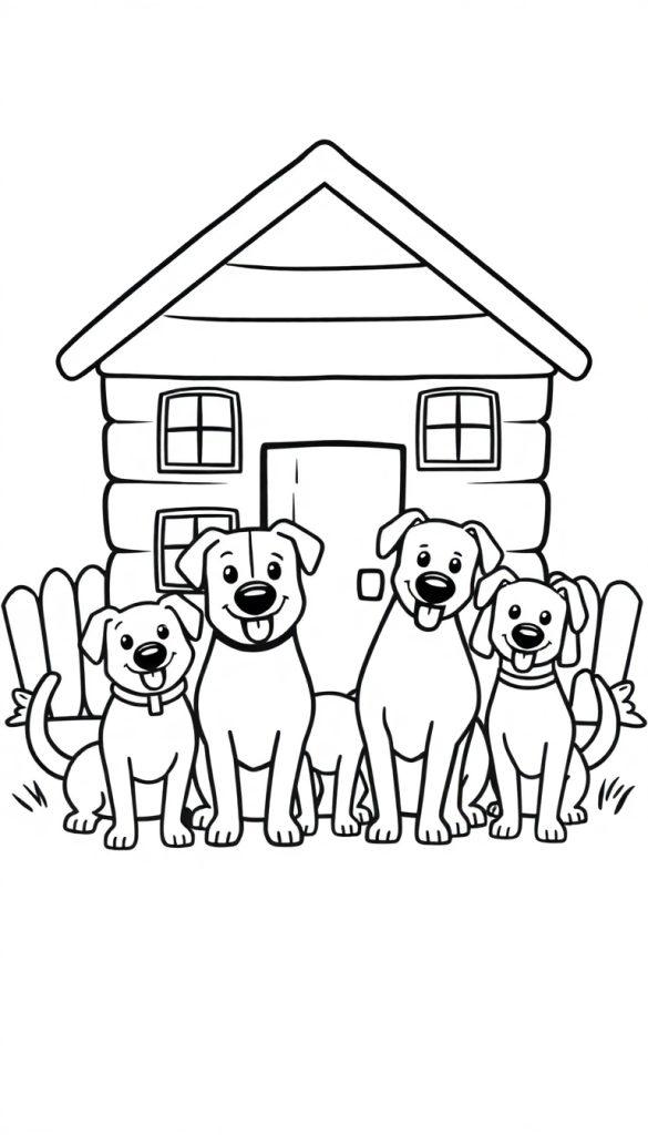 Een kleurplaat van vier vrolijke honden die voor een houten huisje zitten.