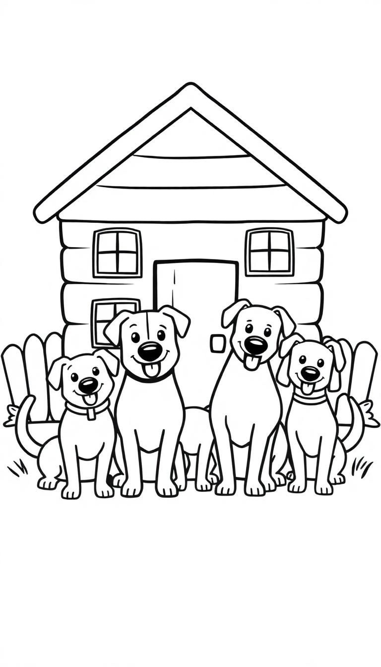 Een kleurplaat van vier vrolijke honden die voor een houten huisje zitten.