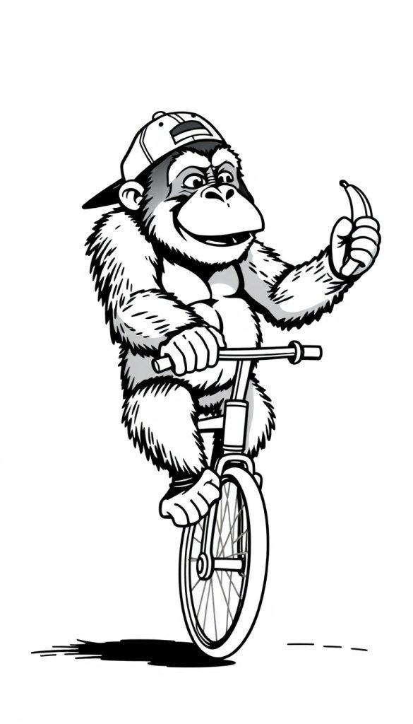 Kleurplaat van een grappige aap op een eenwieler met achterstevoren pet en een banaan in zijn hand.