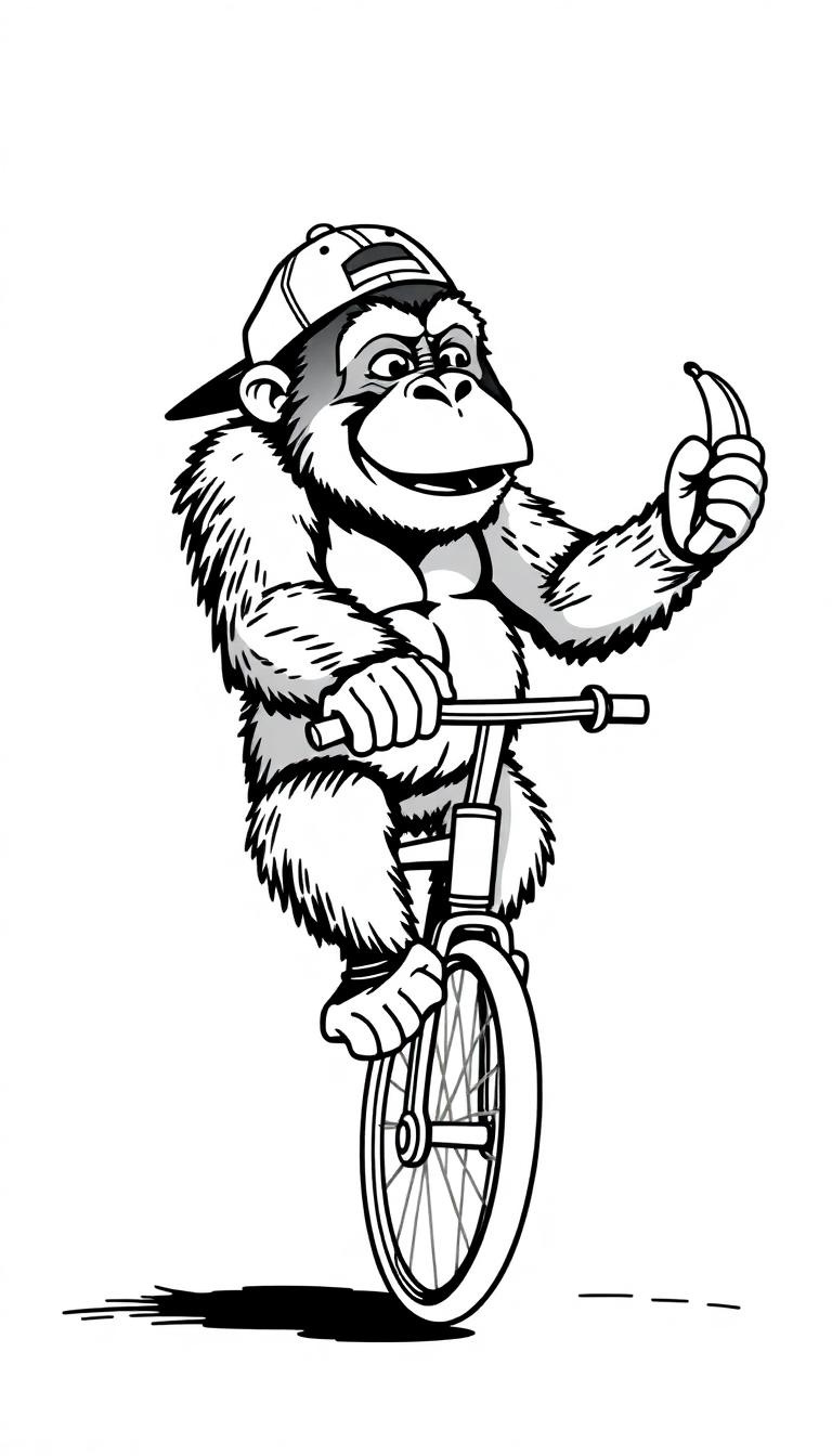 Kleurplaat van een grappige aap op een eenwieler met achterstevoren pet en een banaan in zijn hand.