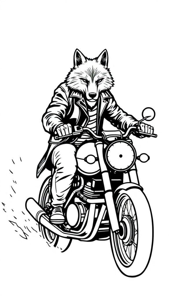Kleurplaat van een stoere wolf op een motorfiets.