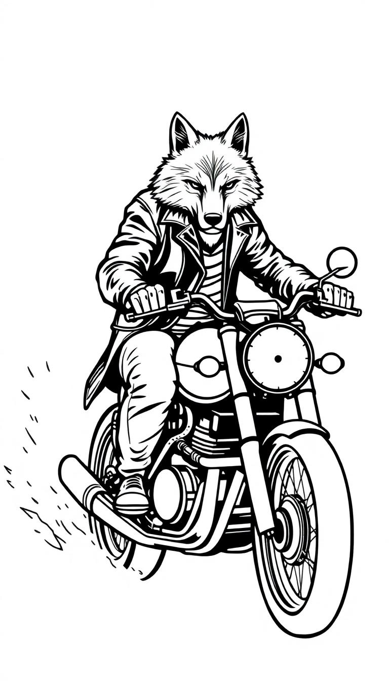 Kleurplaat van een stoere wolf op een motorfiets.