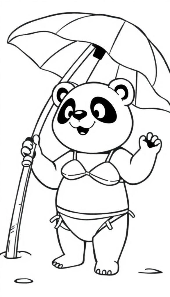 Vrolijke panda in bikini met parasol, ideaal als kleurplaat.