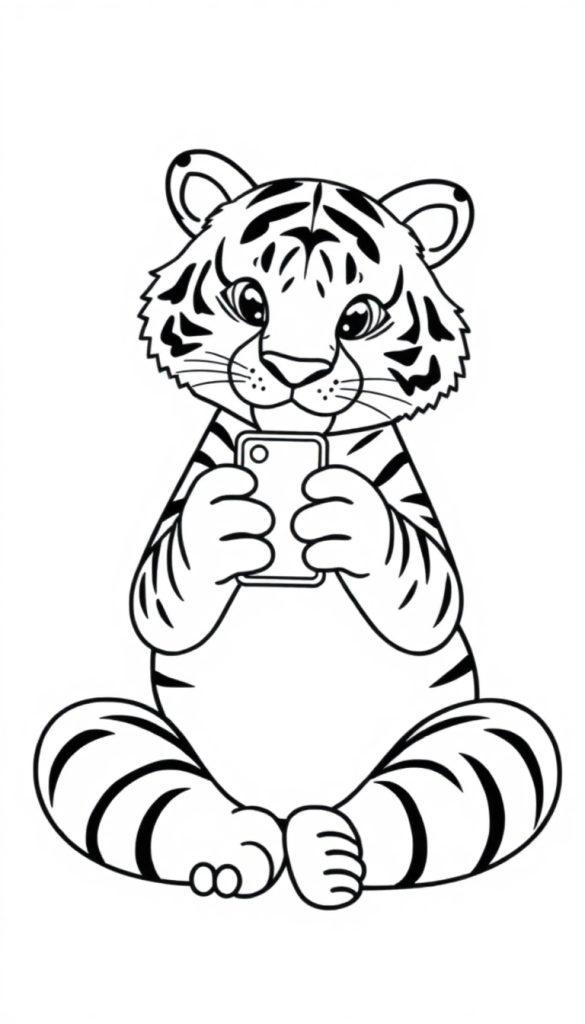 Een kleurplaat van een zittende tijger die een selfie neemt met een smartphone.