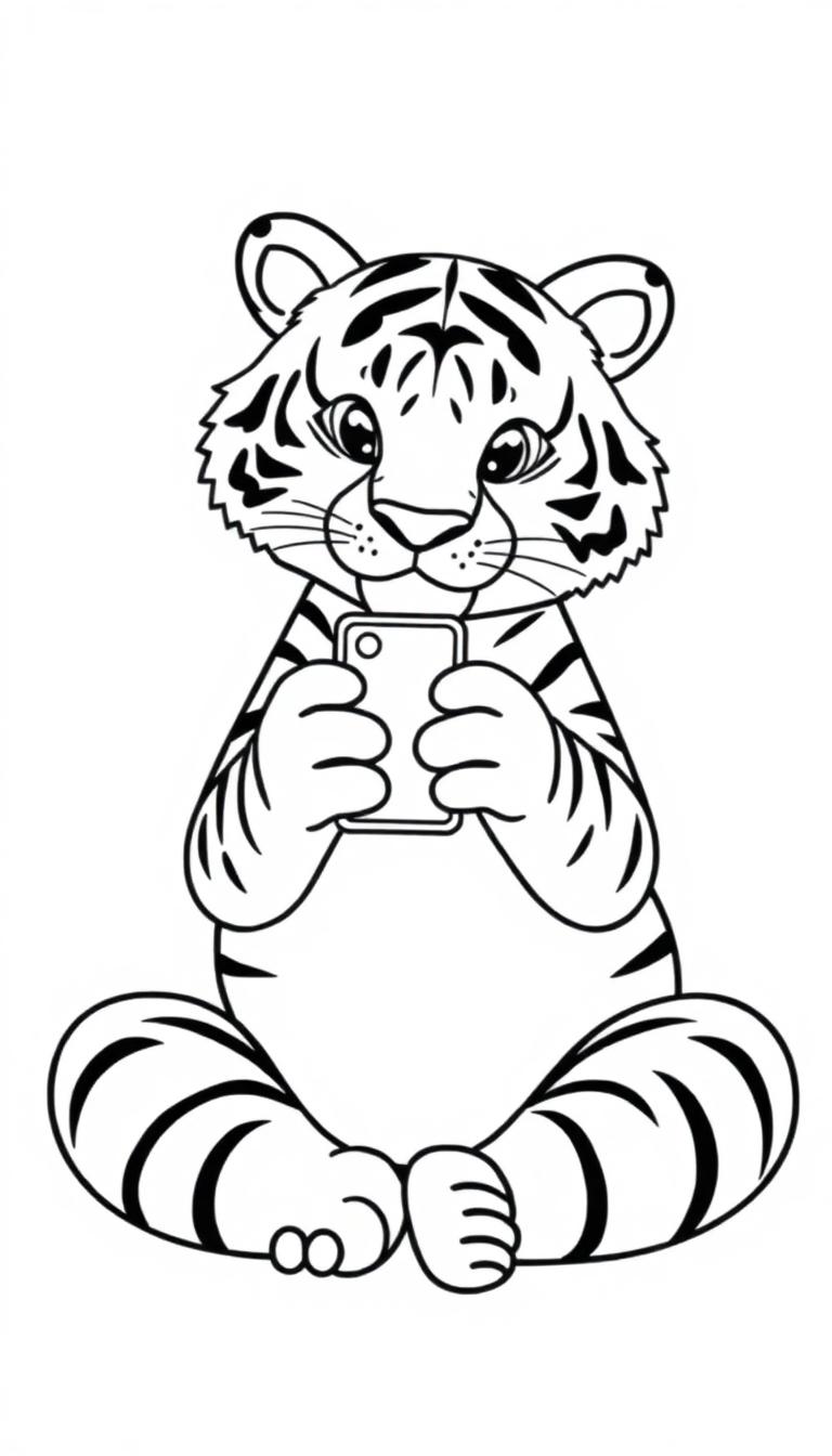 Een kleurplaat van een zittende tijger die een selfie neemt met een smartphone.