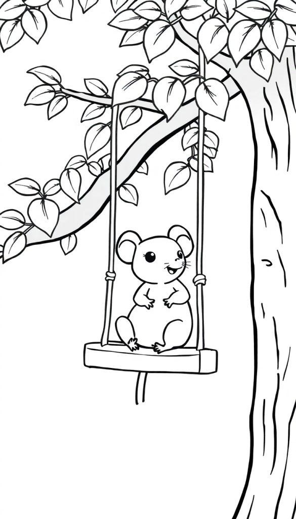 Kleurplaat van een schattige muis op een schommel die in een boom hangt
