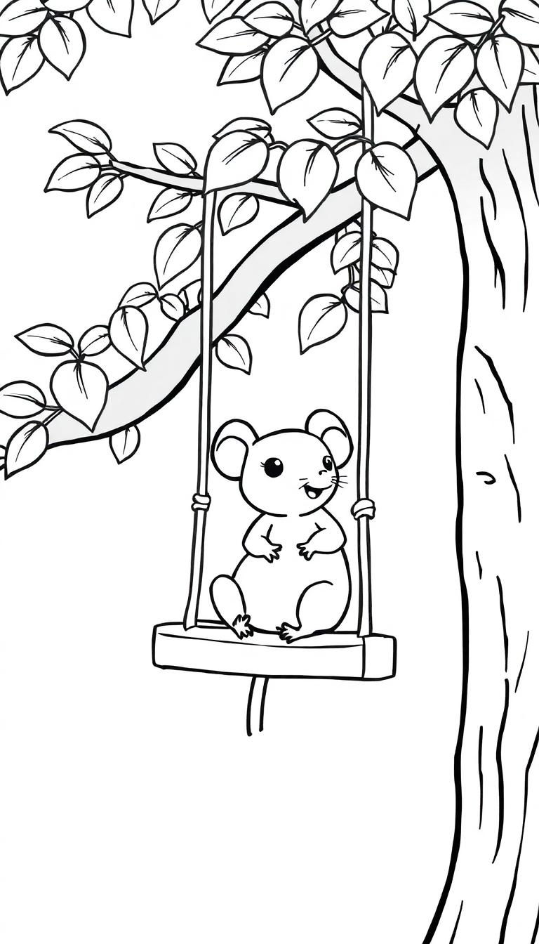 Kleurplaat van een schattige muis op een schommel die in een boom hangt