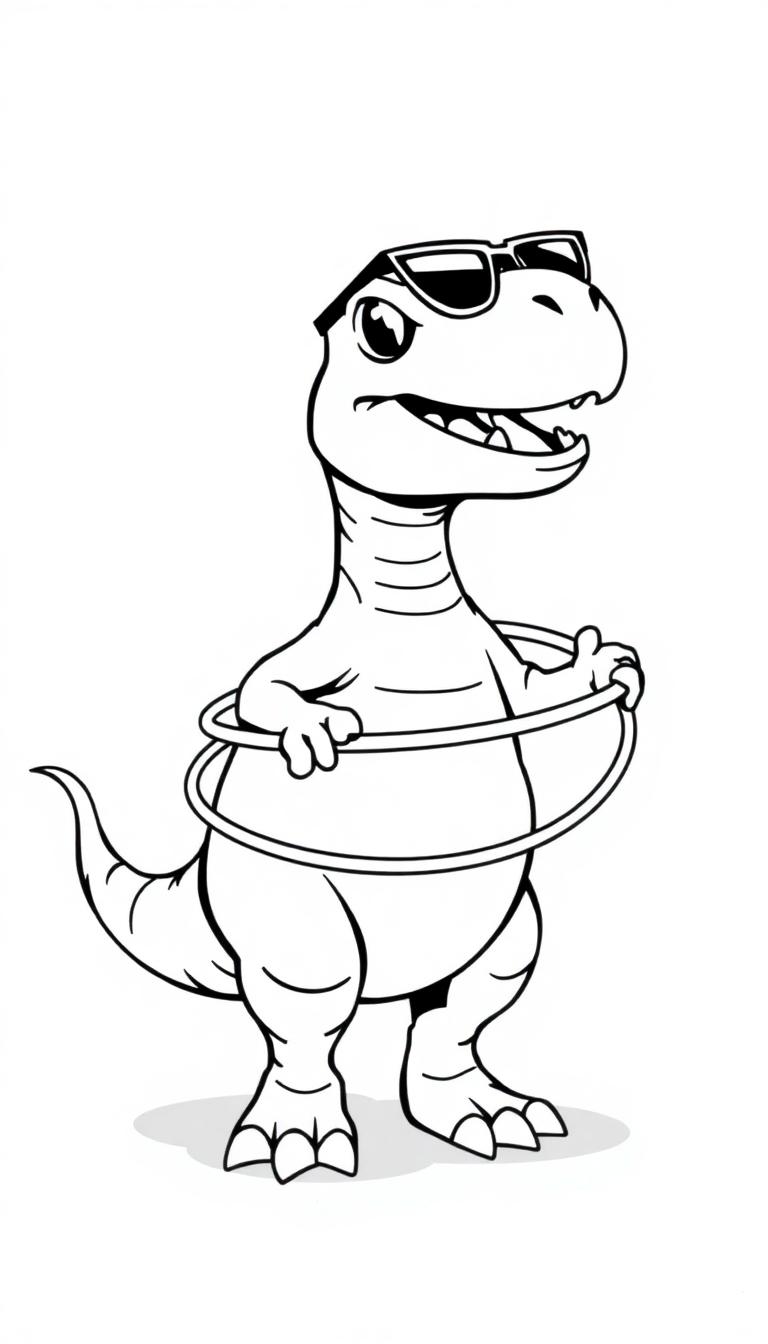 Zwart-witte tekening van een vrolijke dinosaurus met zonnebril die hoelahoepen aan het doen is, een leuke kleurplaat!