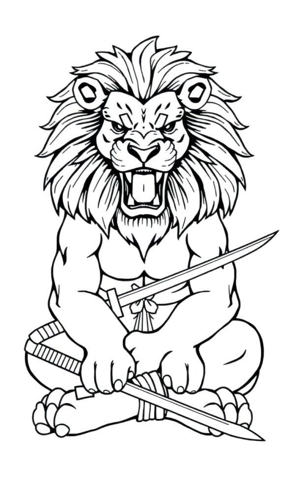 Een kleurplaat van een krachtige leeuw in samurai-stijl met zwaarden, zittend in een mediterende houding.