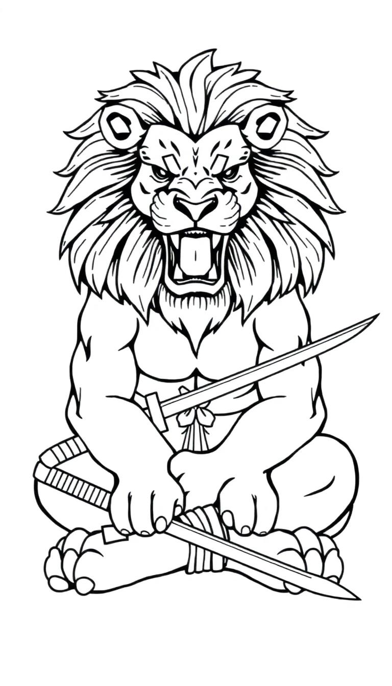 Een kleurplaat van een krachtige leeuw in samurai-stijl met zwaarden, zittend in een mediterende houding.