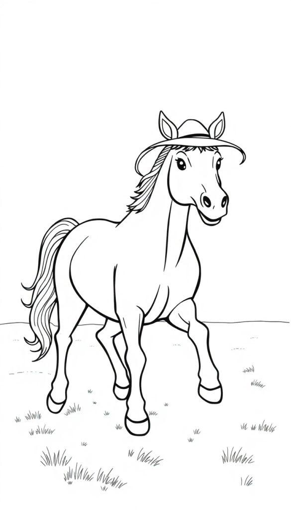 Kleurplaat van een vrolijk paard met een zonnehoed, staand op een grasveld.