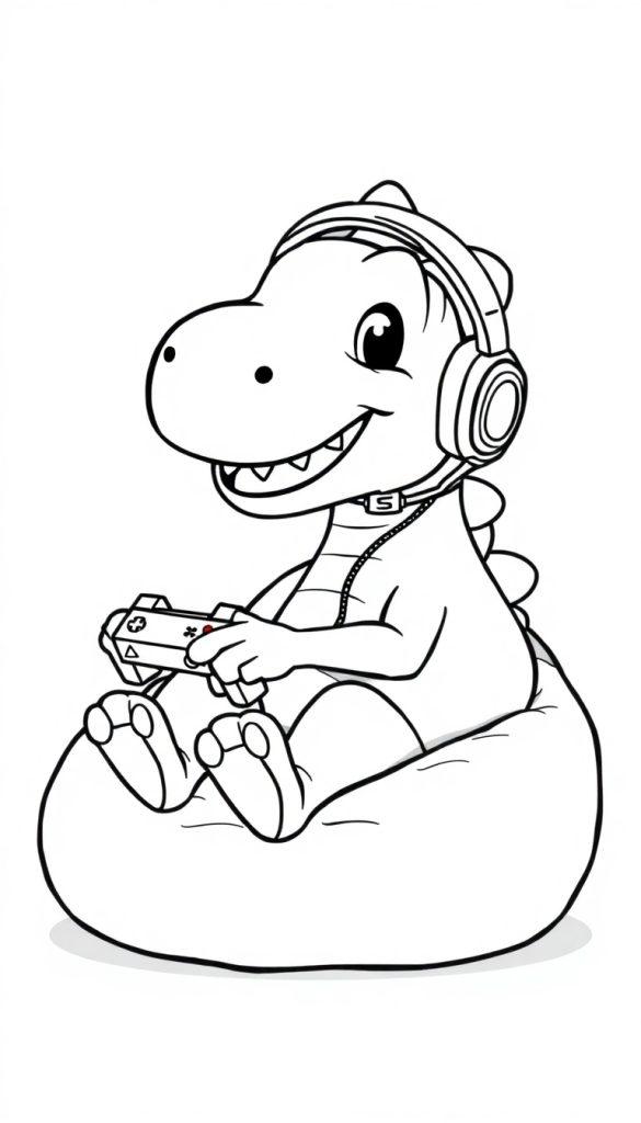 Kleurplaat van een vrolijke dinosaurus die aan het gamen is, zittend in een zitzak met een hoofdtelefoon op en een gamecontroller in zijn klauwen.