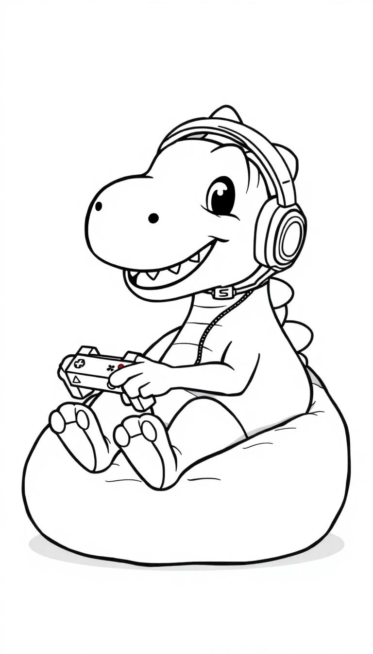 Kleurplaat van een vrolijke dinosaurus die aan het gamen is, zittend in een zitzak met een hoofdtelefoon op en een gamecontroller in zijn klauwen.