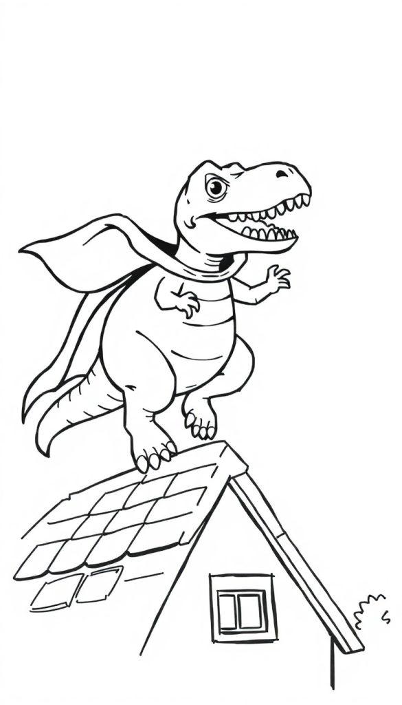 Kleurplaat van een schattige dinosaurus met een cape die op een dak staat.