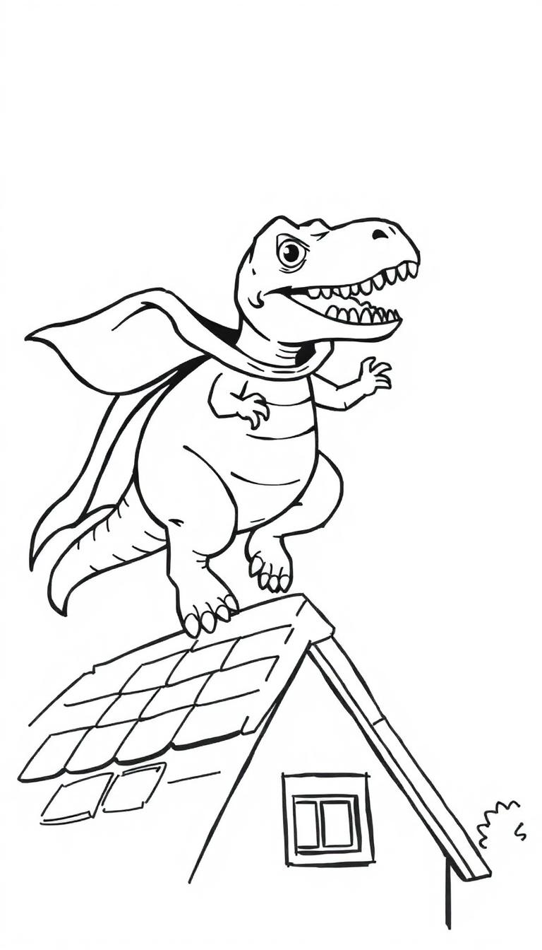 Kleurplaat van een schattige dinosaurus met een cape die op een dak staat.