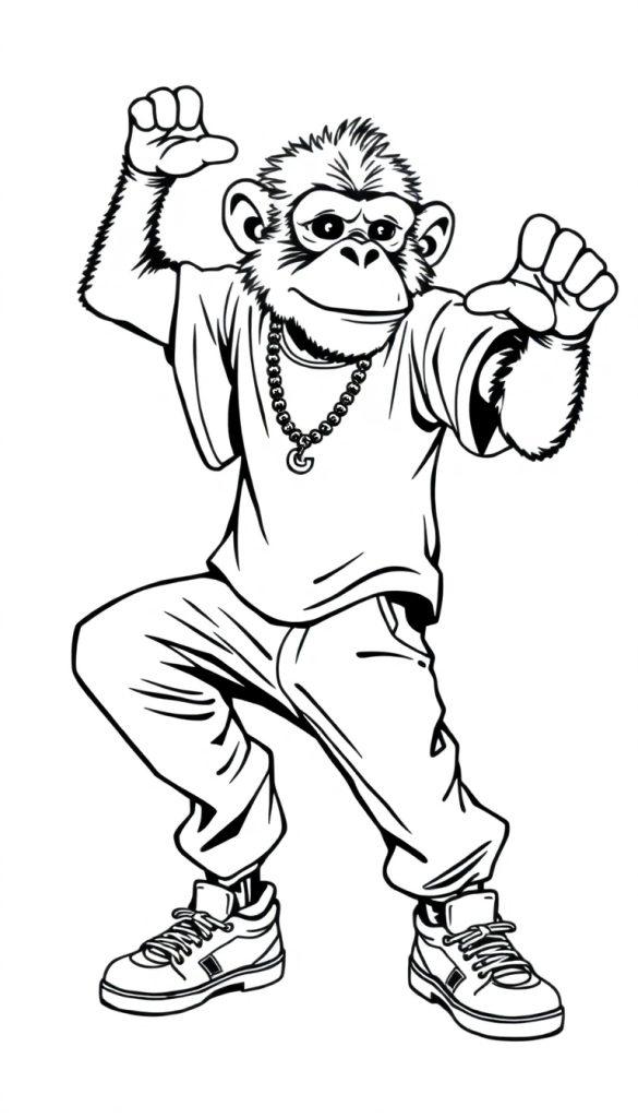 Kleurplaat van een coole aap die breakdancet in een t-shirt, losse broek, sneakers en een ketting.