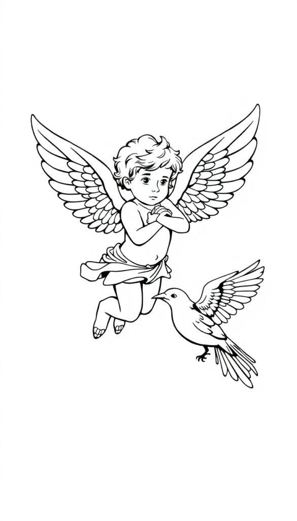 Kleurplaat van een vliegende cupido met een raaf in de lucht