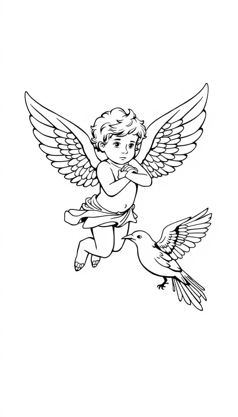 Kleurplaat van een vliegende cupido met een raaf in de lucht