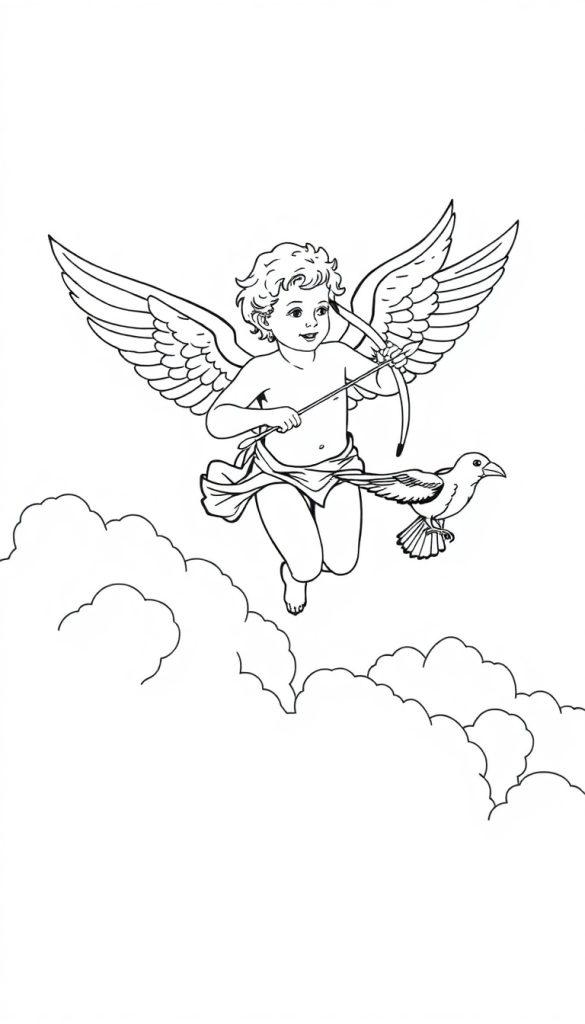 Kleurplaat van Cupido die door de wolken vliegt met een raaf.