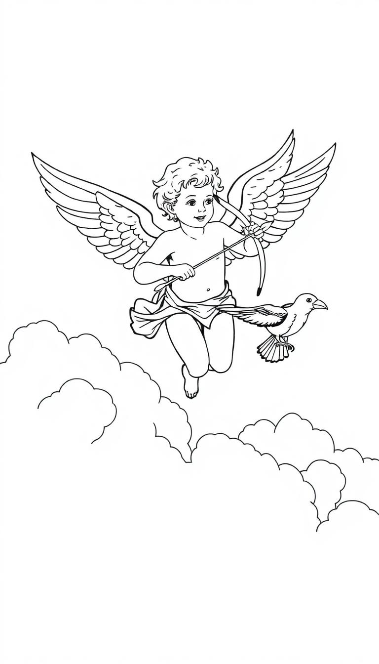 Kleurplaat van Cupido die door de wolken vliegt met een raaf.