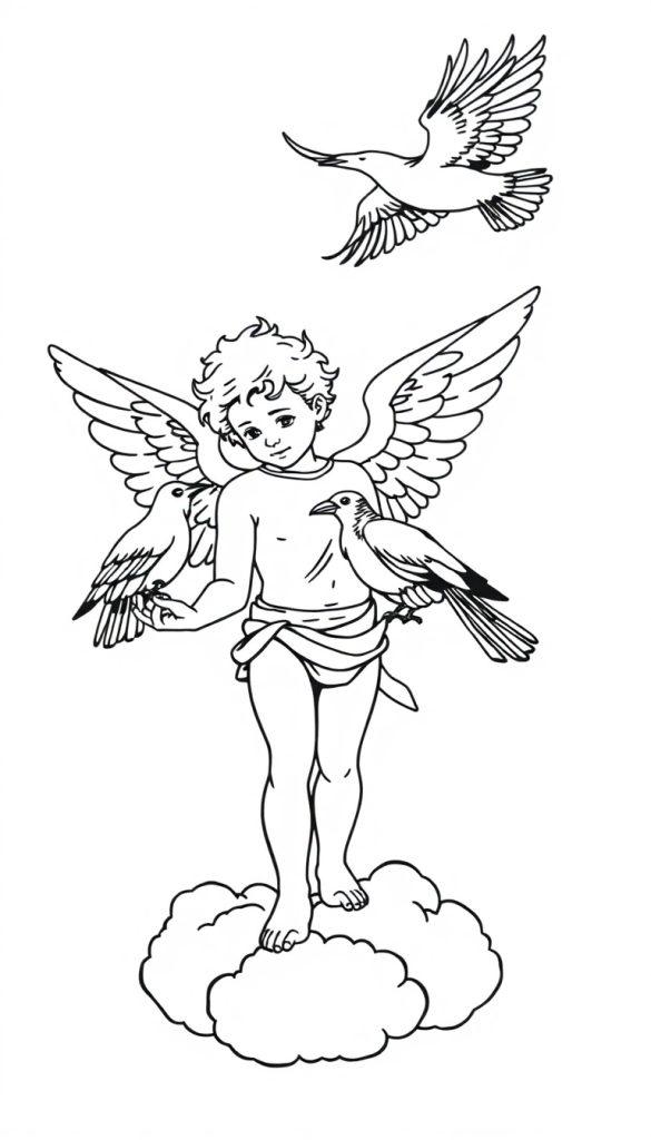 Kleurplaat van een engel met vleugels die op een wolk staat, vogels in beide handen houdt en een derde vogel boven zich ziet vliegen.