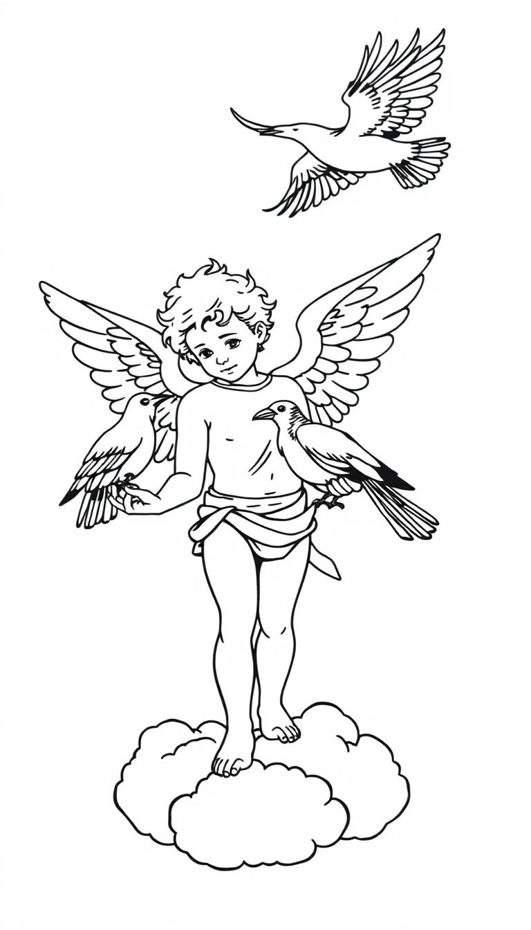 Kleurplaat van een engel met vleugels die op een wolk staat, vogels in beide handen houdt en een derde vogel boven zich ziet vliegen.