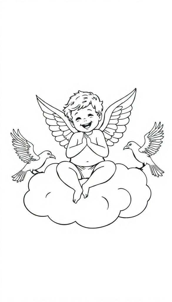 Een schattige kleurplaat van een engelachtig kind met vleugels, zittend op een wolk, terwijl er twee vogels omheen vliegen.