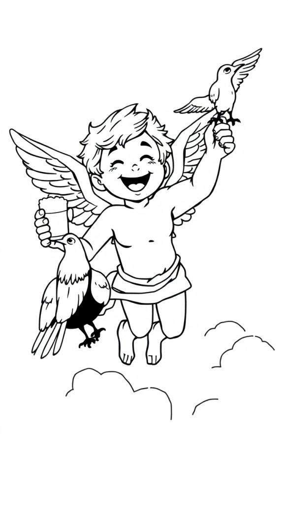 Kleurplaat van een vrolijke Cupido met vleugels, die lacht boven de wolken met een beker in zijn ene hand en een raaf op de andere hand.