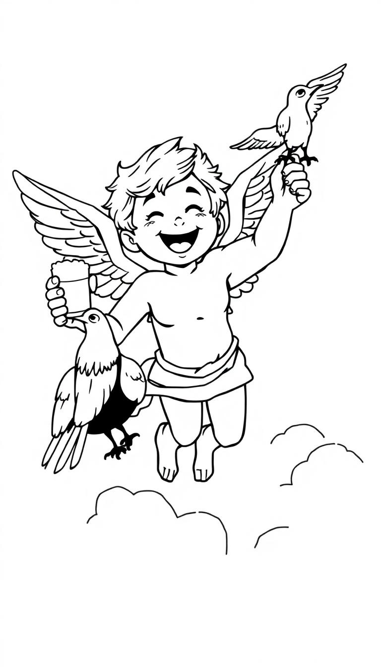 Kleurplaat van een vrolijke Cupido met vleugels, die lacht boven de wolken met een beker in zijn ene hand en een raaf op de andere hand.
