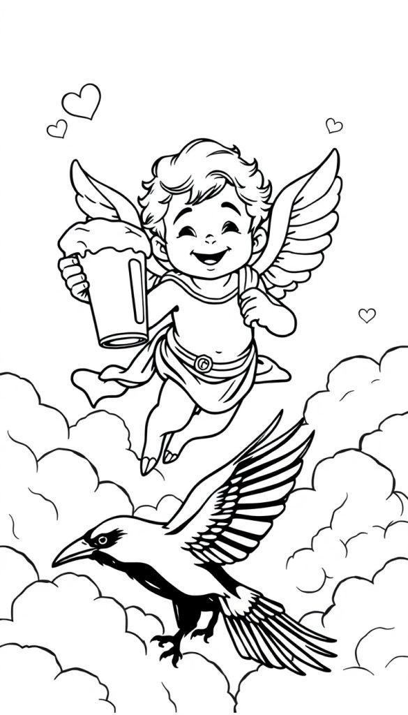 Een lijntekening van een vrolijke Cupido boven de wolken, met een grote mok in zijn hand en een kraai naast hem, omringd door hartjes.
