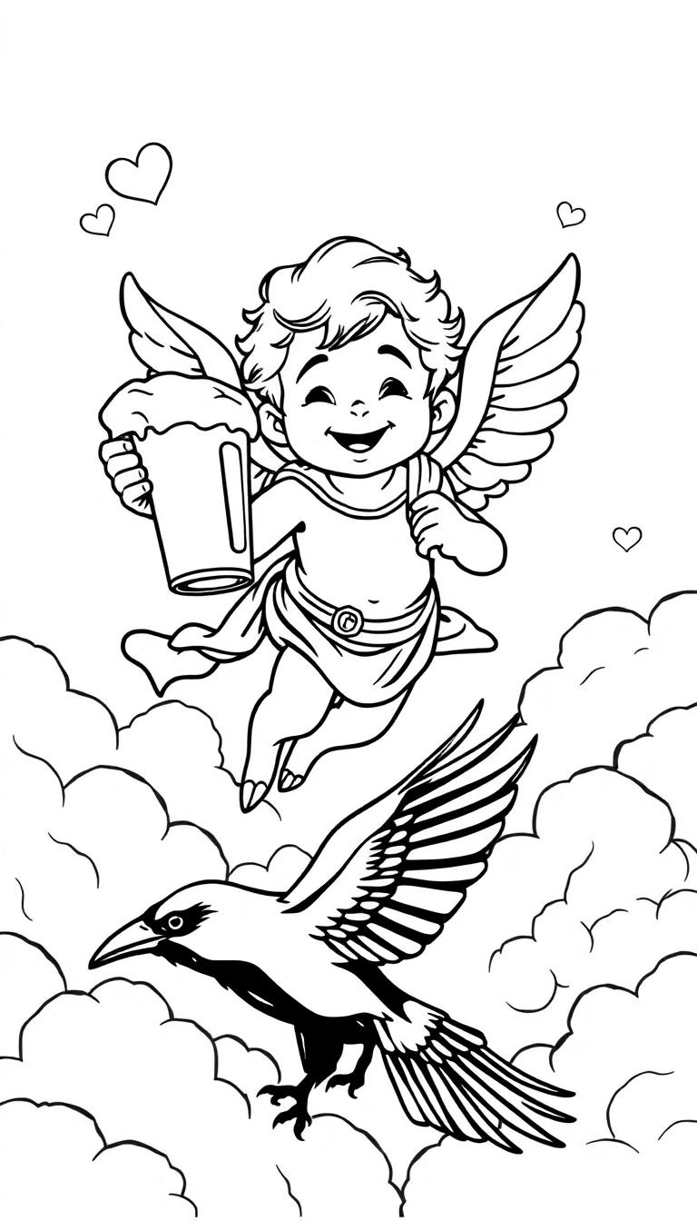 Een lijntekening van een vrolijke Cupido boven de wolken, met een grote mok in zijn hand en een kraai naast hem, omringd door hartjes.