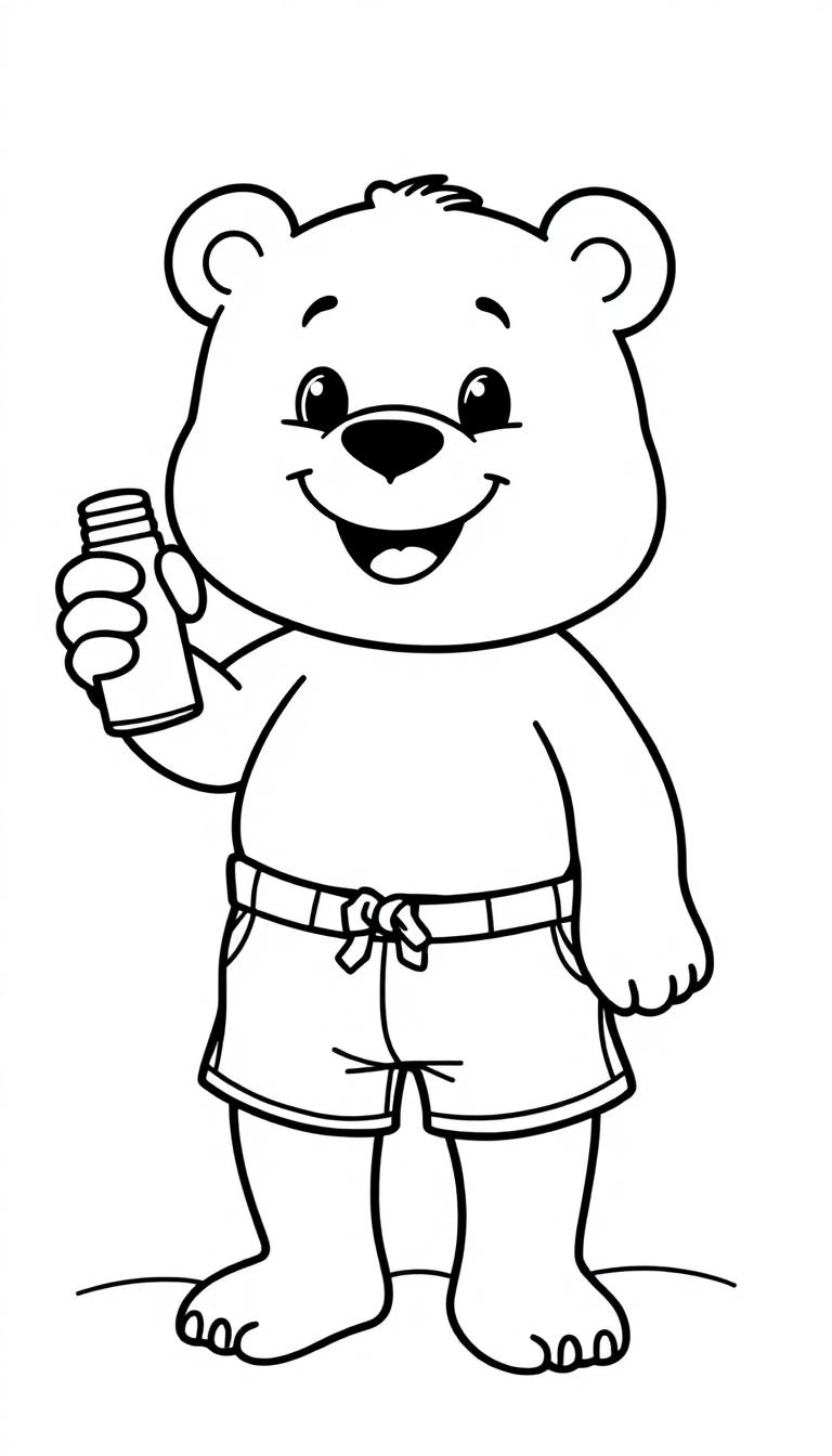 Zwart-wit kleurplaat van een lachende beer met korte broek en een drankje in zijn hand.