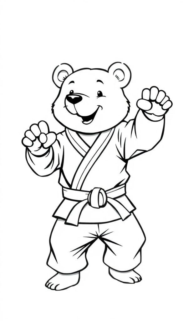 Kleurplaat van een vrolijke beer in een judopak, klaar om te sporten.