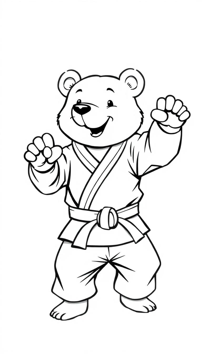 Kleurplaat van een vrolijke beer in een judopak, klaar om te sporten.