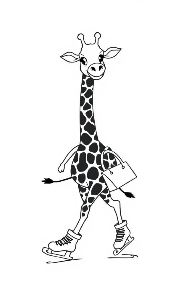 Een grappige kleurplaat van een giraf die schaatst met een handtas aan haar poot.