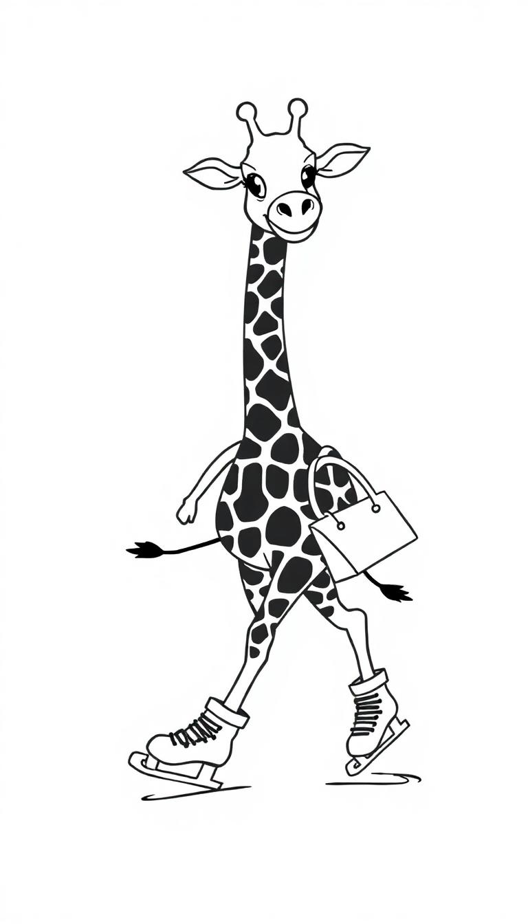 Een grappige kleurplaat van een giraf die schaatst met een handtas aan haar poot.