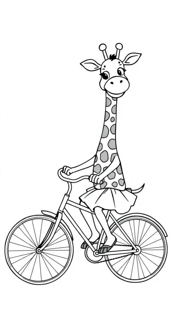 Kleurplaat van een blije giraf op een fiets met een rok aan.