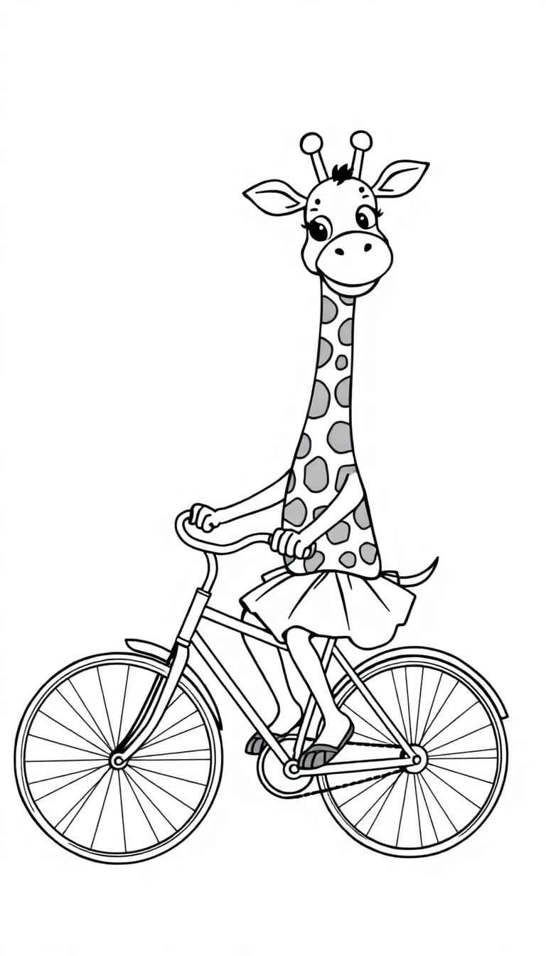 Kleurplaat van een blije giraf op een fiets met een rok aan.