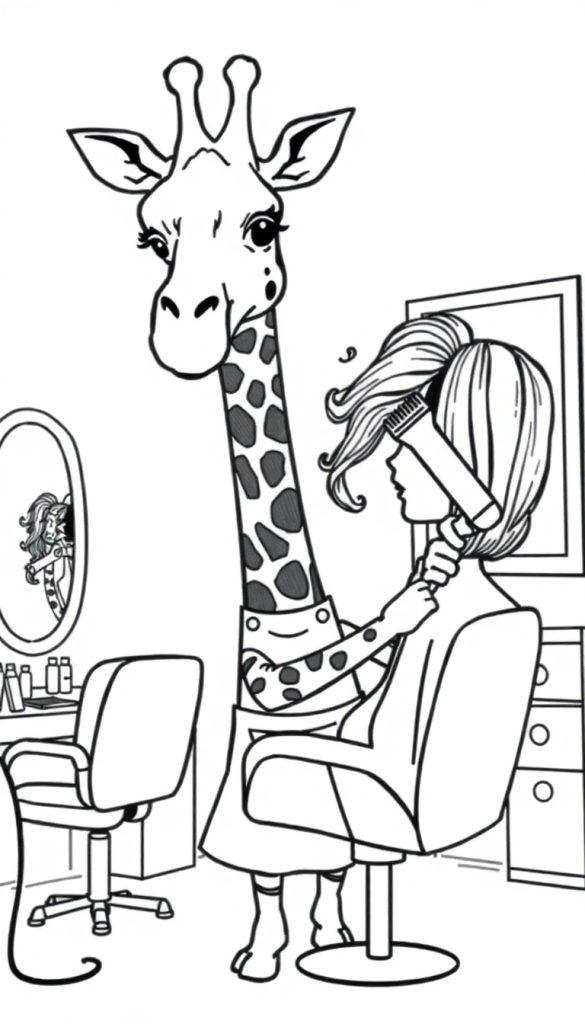 Grappige kleurplaat met een giraf als kapper in een kapsalon.
