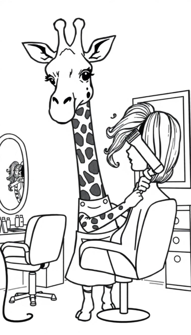 Grappige kleurplaat met een giraf als kapper in een kapsalon.
