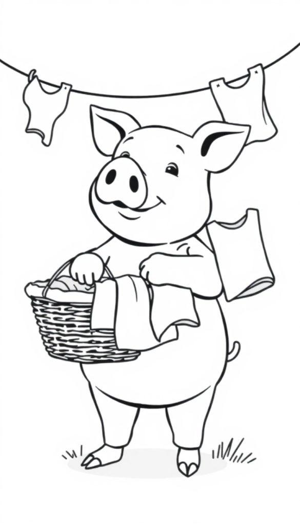 Kleurplaat van een glimlachend varkentje dat wasgoed ophangt.