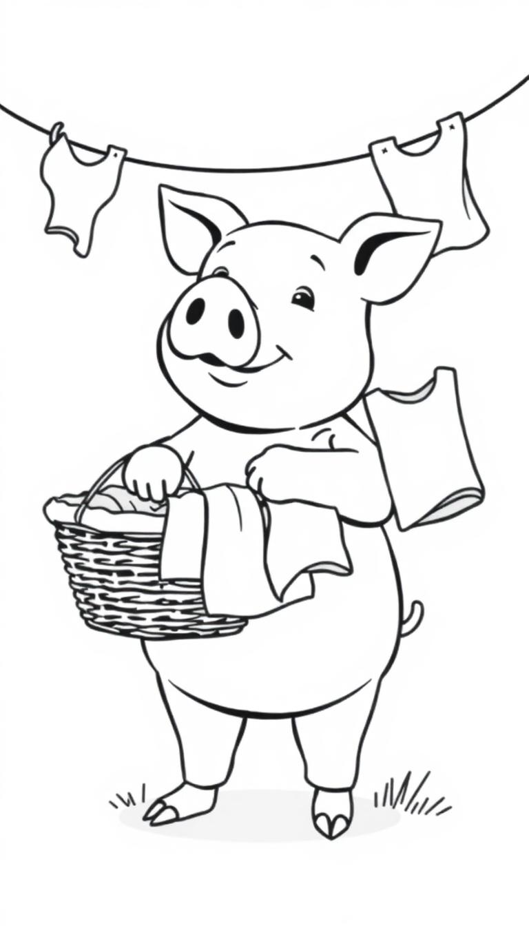 Kleurplaat van een glimlachend varkentje dat wasgoed ophangt.
