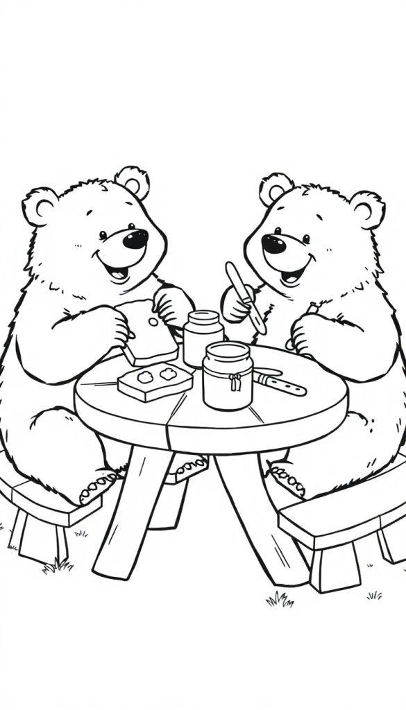 Kleurplaat van twee blije beren die samen aan een tafel broodjes smeren met honingpotjes en messen.