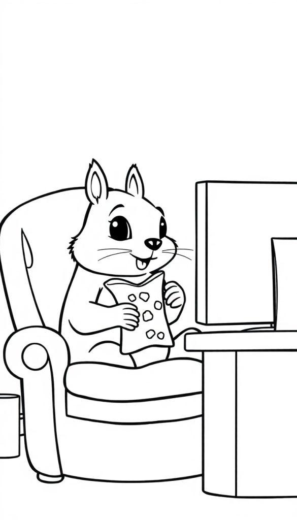 Kleurplaat van een vrolijke eekhoorn die met een zak chips naar een scherm kijkt, op een stoel zittend.