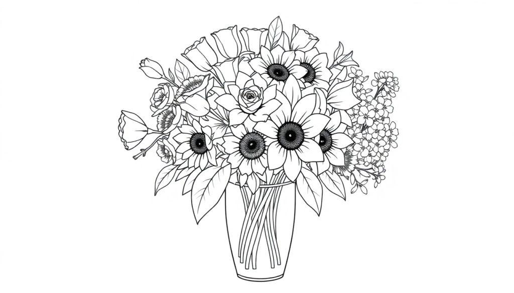 Kleurplaat van een bloemenvaas met een boeket vol rozen, tulpen, zonnebloemen, narcissen en hyacinten.