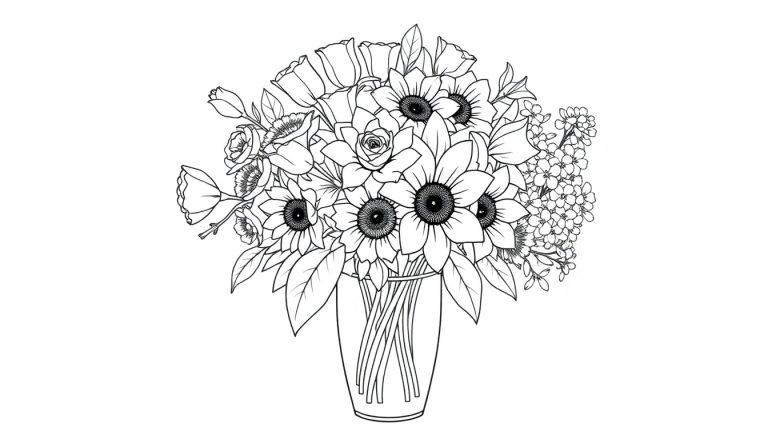 Kleurplaat van een bloemenvaas met een boeket vol rozen, tulpen, zonnebloemen, narcissen en hyacinten.