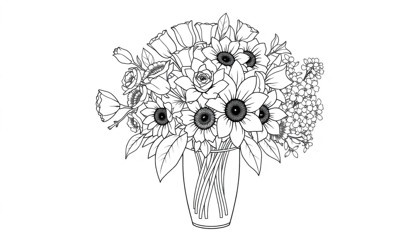 Kleurplaat van een bloemenvaas met een boeket vol rozen, tulpen, zonnebloemen, narcissen en hyacinten.